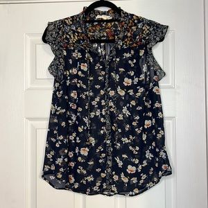 Lovestitch Sheer Navy Floral Print Button-up Blouse, Size S